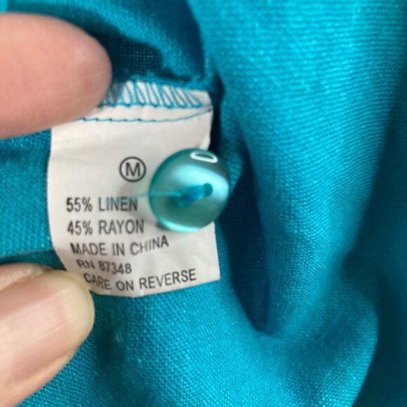 Womens Vintage Robert Louis Linen Button Shirt Embroidered M Turquoise - Picture 10 of 11